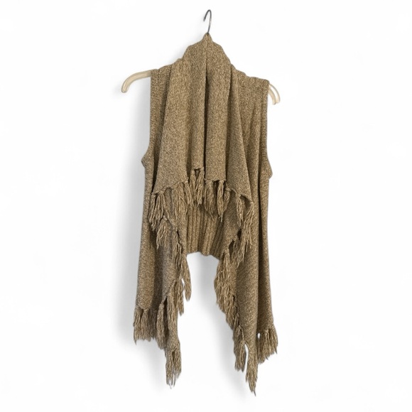 Kensie Tops - Kenzie Women’s open fringe sweater vest tan size Small